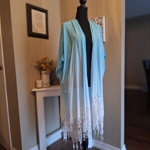 Chico's Coastal Boho vibes Teal White Women's Flowy Kimono Cover Up L/XL